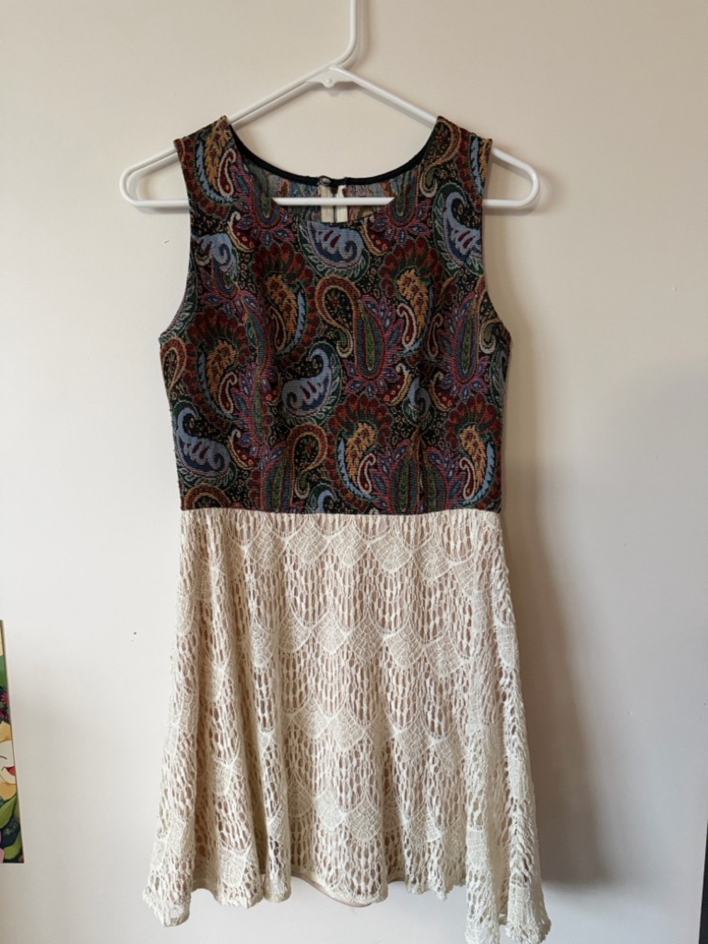 Multicolor Paisley Bodice with Cream Lace Skirt Mini Dress